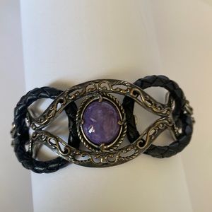 Carolyn Pollack Sterling, Leather and Chariote Cabochon Gemstone cuff